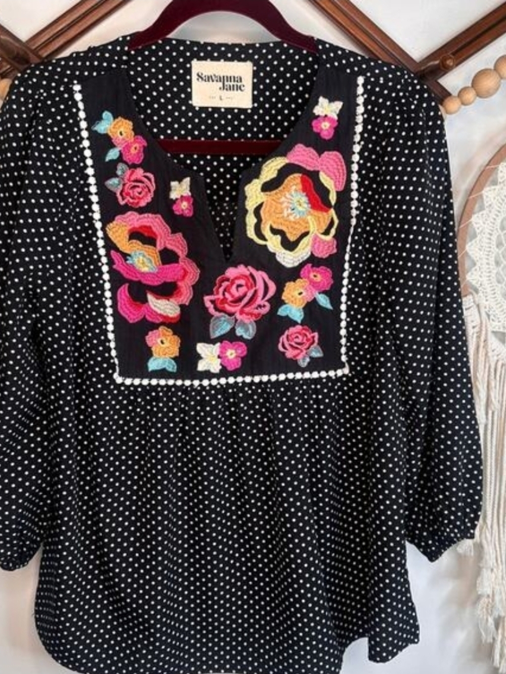 Savannah Jane Black White Polka Dot Floral Embroidered Top